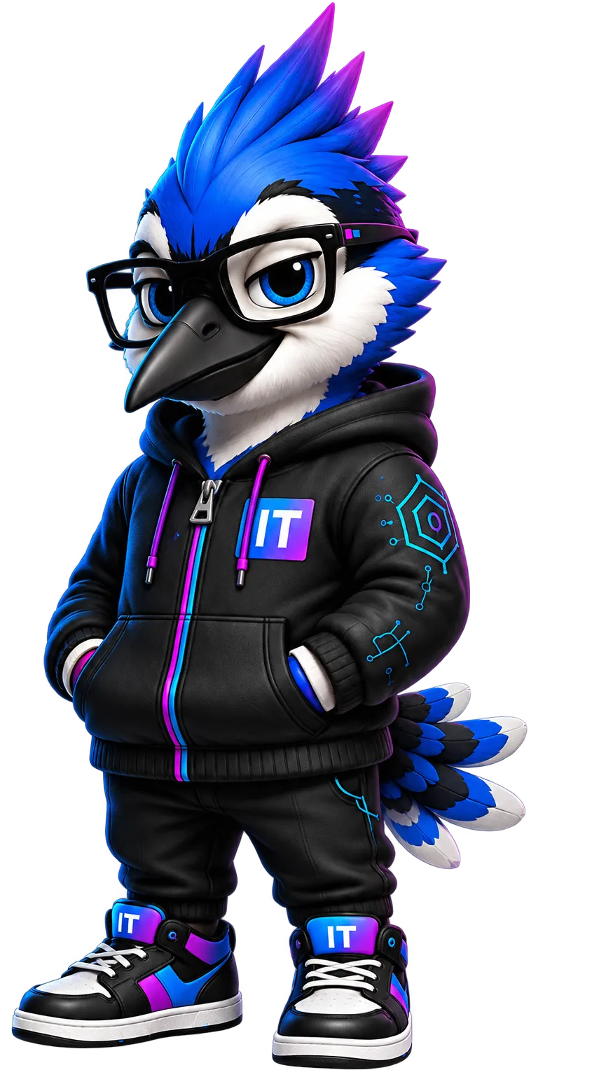 Jet, the Clever IT mascot — a blue jay in glasses and a black Clever IT hoodie
